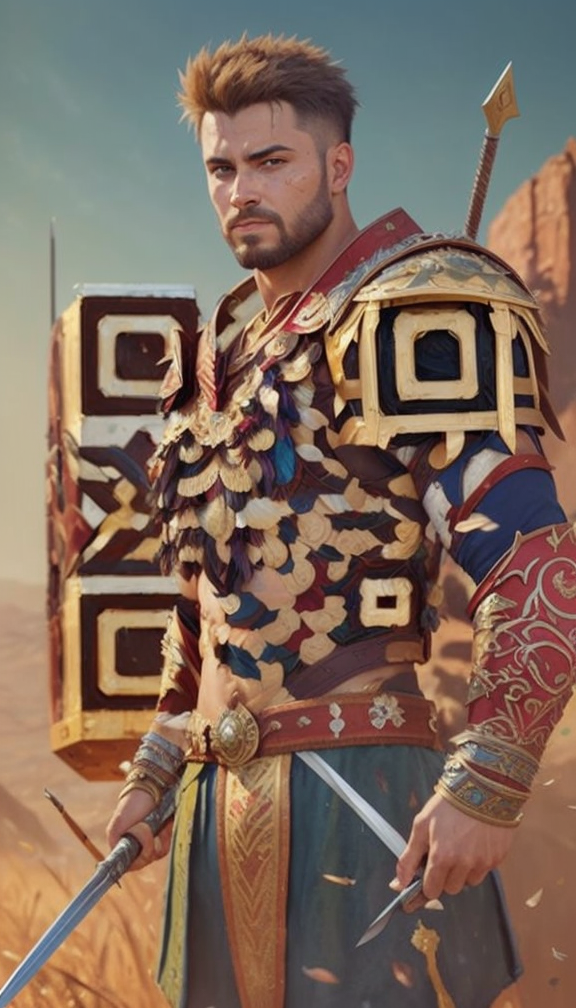 (best quality, masterpiece:1.2),Male warrior, mighty, fighting, colorful, 4k res, 8k, higly detailed textures