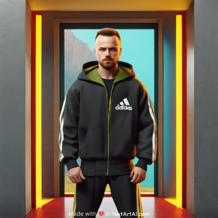 Jesse Pinkman, as a bandit in a black Adidas sports jacket and black Adidas sweatpants squats near a gray entrance in Russia 90's.. 2d render