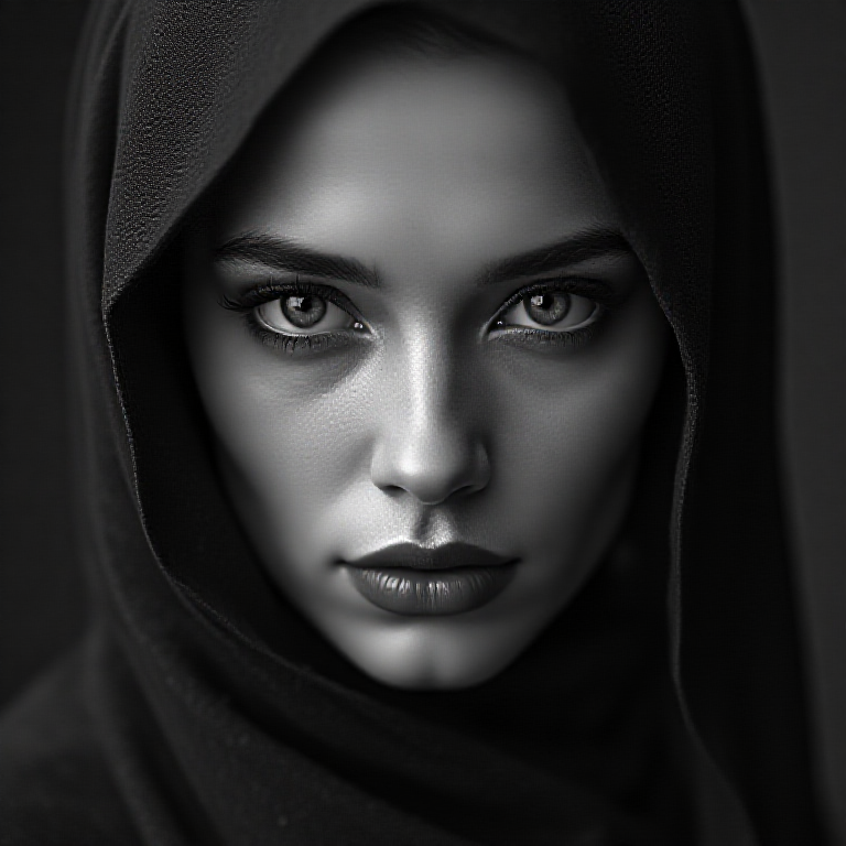 high-resolution, 4K image of a woman resembling Marleen Morlo. deep greyscale color palette, detailed look. highly aesthetic, capturing intricate details and a sophisticated appearance