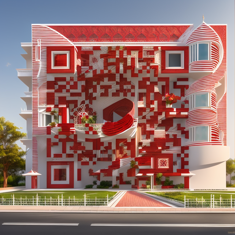 (content: an enchanting architectural marvel resembling a mandala, adorned in vibrant red and pristine white)(medium: 3D architectural visualization)(style: inspired by traditional mandalas and futuristic designs)(lighting: soft, diffused light to accentuate intricate details)(colors: captivating blend of red and white creating a striking contrast)(composition: showcase the building's frontal perspective, highlighting the mesmerizing mandala patterns on its facade)