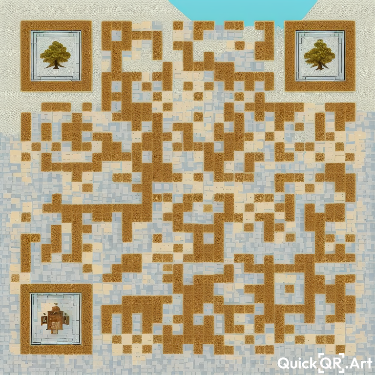 A mountain in Oman, brown trees and cottage with subtle details.  
--qrw: Impact on scannability of QR code

--steps: Fewer steps, more scannability
With QR code