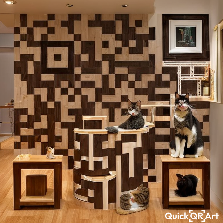 Design a visually appealing QR code that represents my patient and cat-friendly approach to grooming cats at clients' homes in Mumbai, India. The interior of the house has a pleasing ambiance and moody lighting, an focus in the style of Gehry , a boy grooming a happy cat , hygiene, professional 