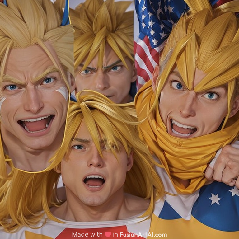 An image that merges the character 'All Might' from the anime My Hero Academia in his victory pose with the face of Donald Trump