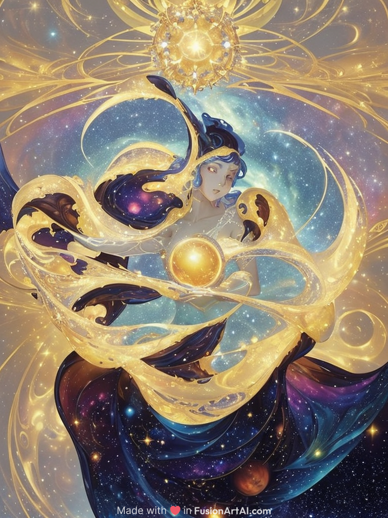 masterpiece, best quality, (Anime:1.4), portrait of Thikerbell in the Milky Way, swirling arms, starry space, central yellow light, distant galaxies, nebula background, cosmic beauty, grandeur, Art Nouveau flourishes, Art Deco details, J.C. Leyendecker-style ornaments, vibrant astral glow, complex textures, chaotic visual elements, explosive celestial phenomena, fantastical elements inspired by Hieronymus Bosch, M.C. Intricate Escher-like patterns, surreal cosmic event
