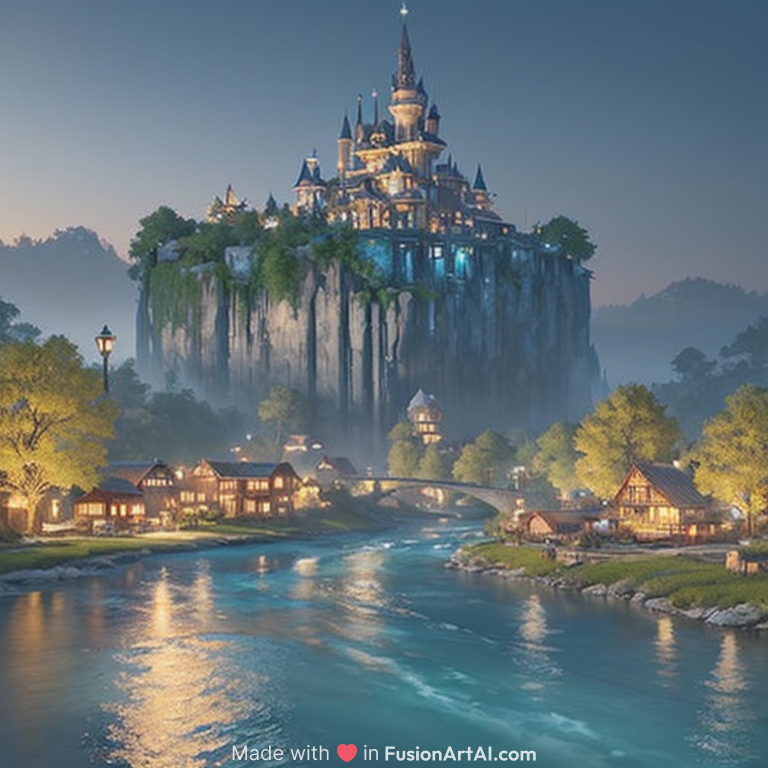 beautiful and immersive magical town, magical buildings, bioluminescent forest surrounding, gentle rivers flowing through town, visual novel key visual, award - winning digital art on pixiv, trending on artstation - highly detailed, hyperrealistic, unreal engine 5, in the style of kingdom hearts