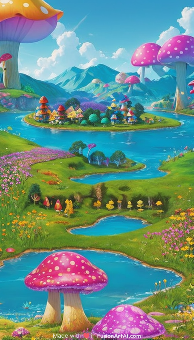 psychedelic mushroom kingdom, dmt, landscape, river, detailed, uhd, extremely realistic 