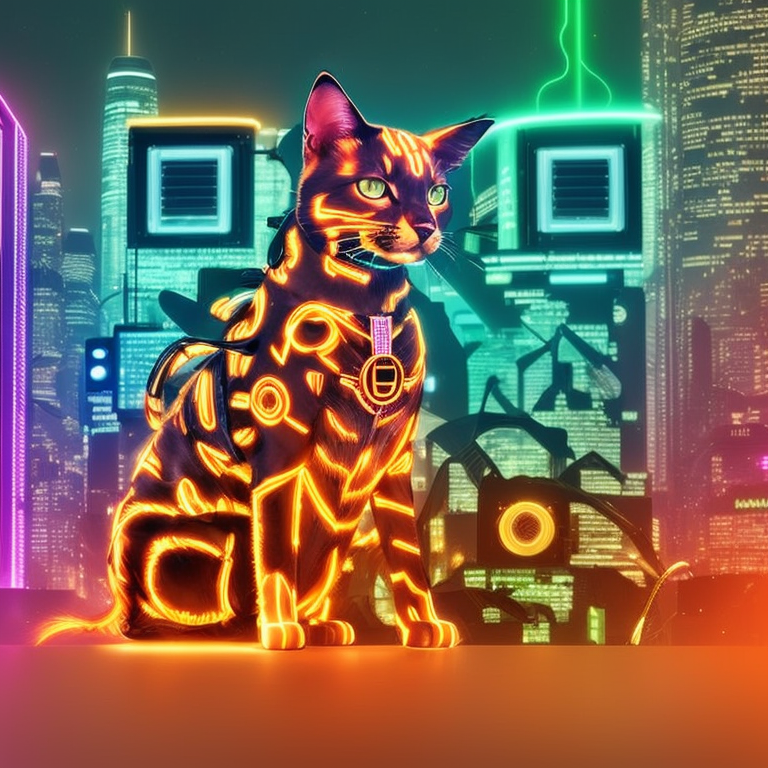 In a foggy cyberpunk city at night, an extraordinary orange cat with bio-luminescent fur glowing in neon hues of amber and tangerine. The cat's eyes emit a luminous green glow, enhanced with high-tech optics. It moves gracefully, its paws leaving neon traces in the fog. The cat's tail is adorned with fiber-optic strands, creating a mesmerizing light display. Around its neck is a metallic collar with holographic emblems, integrating organically with the digital landscape of the city. This scene captures the intriguing fusion of nature and advanced technology in a cyberpunk setting.