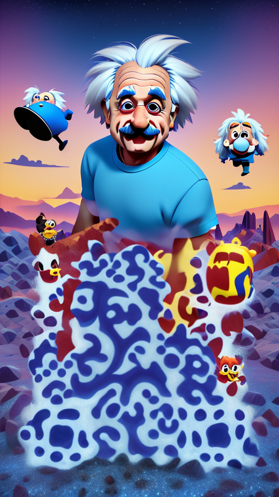 Albert Einstein cartoon, pixar style,3d, Style: Hyper-realistic pop, comiccore, cinematic ,unreal engine, hyper real, rich textures