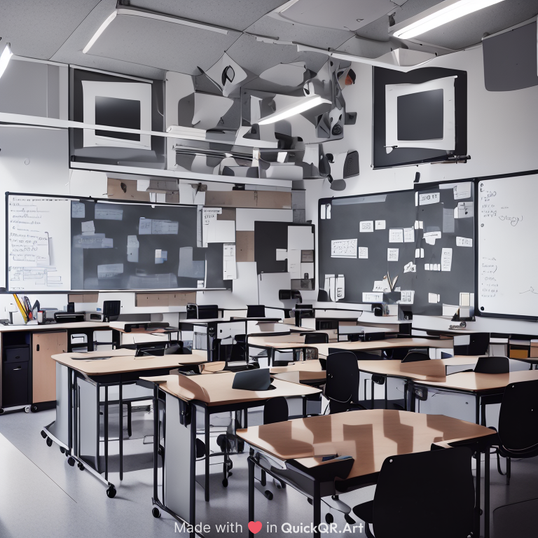 A minimalist classroom setup in black and white, featuring a single desk with an open book and laptop, and a chalkboard with basic notes, capturing a serene and focused educational environment.