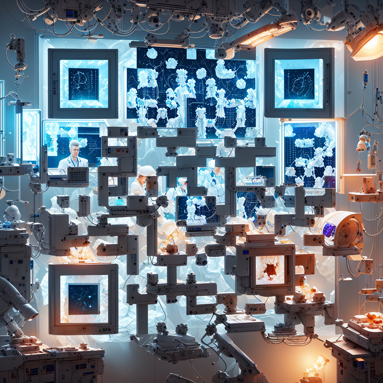 doctor performing an operation in a white operating room, in the background there is a TV on which there is an MRI of the back,  intricate, highly detailed, sharp focus, illustration, volumetric lighting, scenery, digital painting, highly detailed, concept art