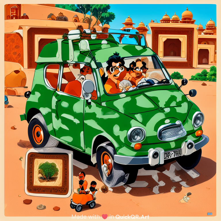 small green car with orange wheels in cartoon with tag "Bharath saas yatra" over the car  travelling india map