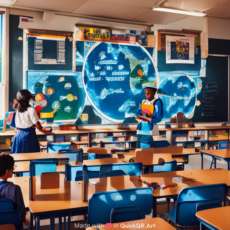 A classroom with diverse students focused on learning, using textbooks and laptops. A teacher illustrates a lesson at the chalkboard. The scene is vibrant and educational, with posters and a globe.